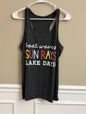 Women’s Charcoal Graphic Tank Top - Sun Rays Lake Days, Large, Summer Boating